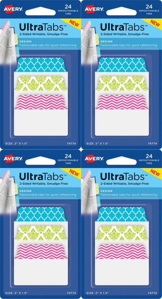 4x Zakładki samoprzylepne Avery Zweckform Ultra Tabs 74774, indeksujące ze wzorkami, folia, 50.8x38.1mm, 24 sztuki, mix kolorów