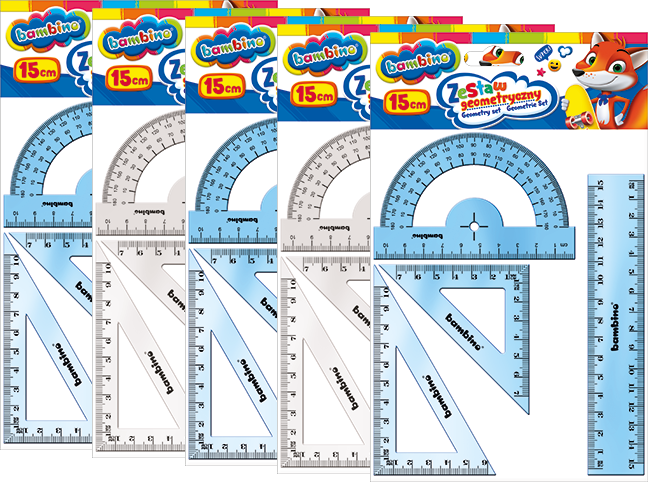 5x Zestaw geometryczny Bambino Zwierzaki Uczniaki, 4 elementy (w tym linijka 15cm), mix kolorów