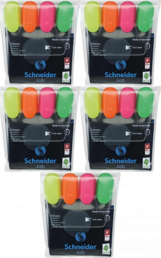 5x Zakreślacz Schneider, Job, ścięta, 4 sztuki, mix kolorów