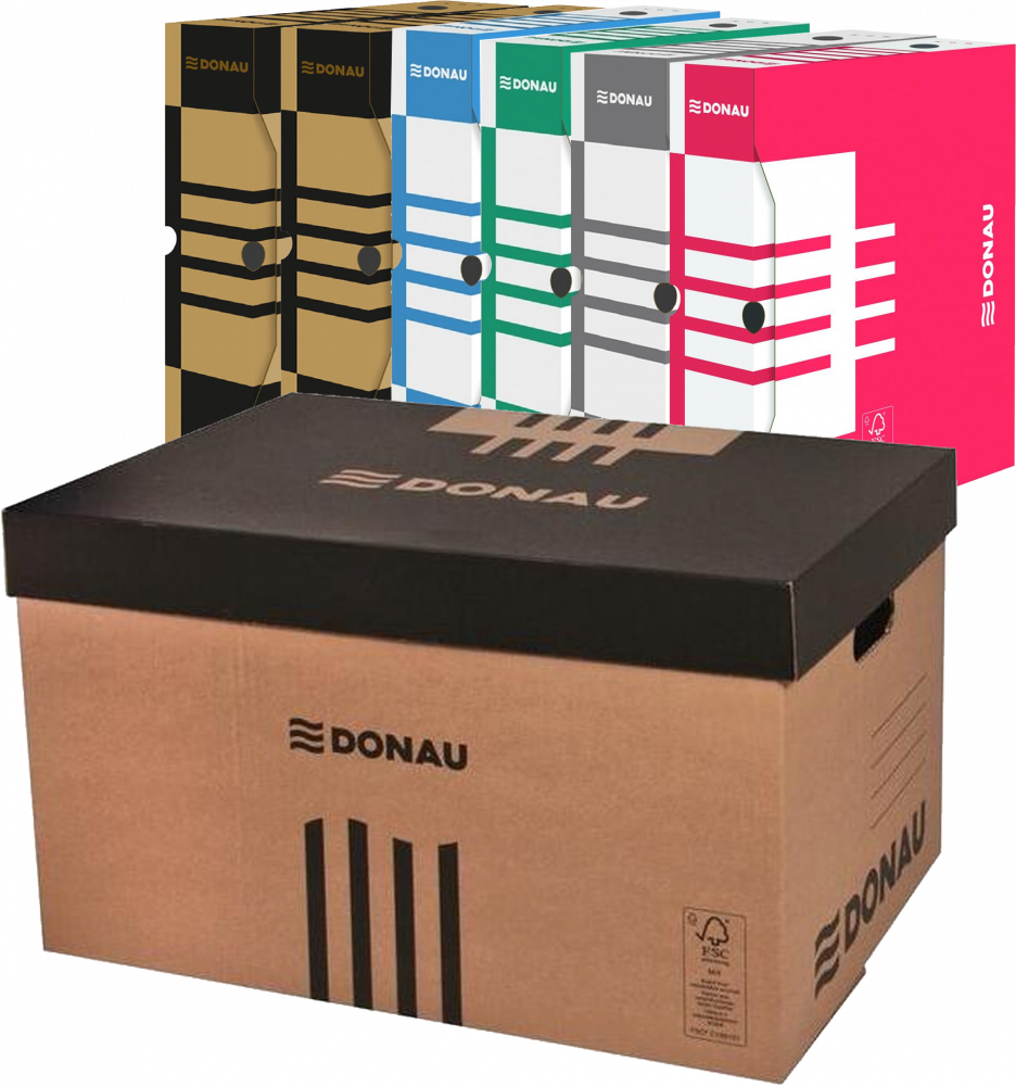 Zestaw pudeł archiwizacyjnych Donau: Pudło zbiorcze Donau, 545mm, otwierane od góry, brązowy + 6x Pudło Donau 80mm, mix kolorówy