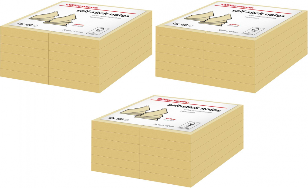 3x karteczki samoprzylepne Office Depot, 76x102mm, 12x100 karteczek, żółty pastelowy