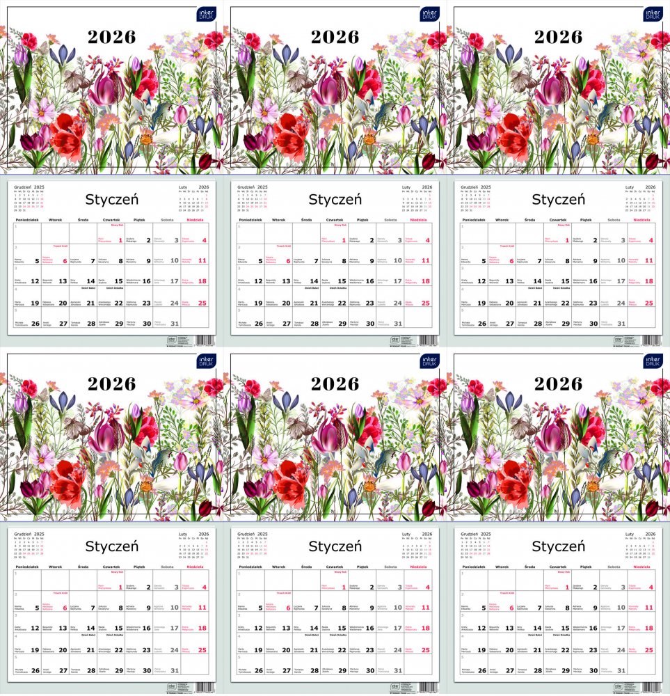 6x Kalendarz ścienny 2026, Interdruk, jednodzielny, 32x50cm, Kwiaty