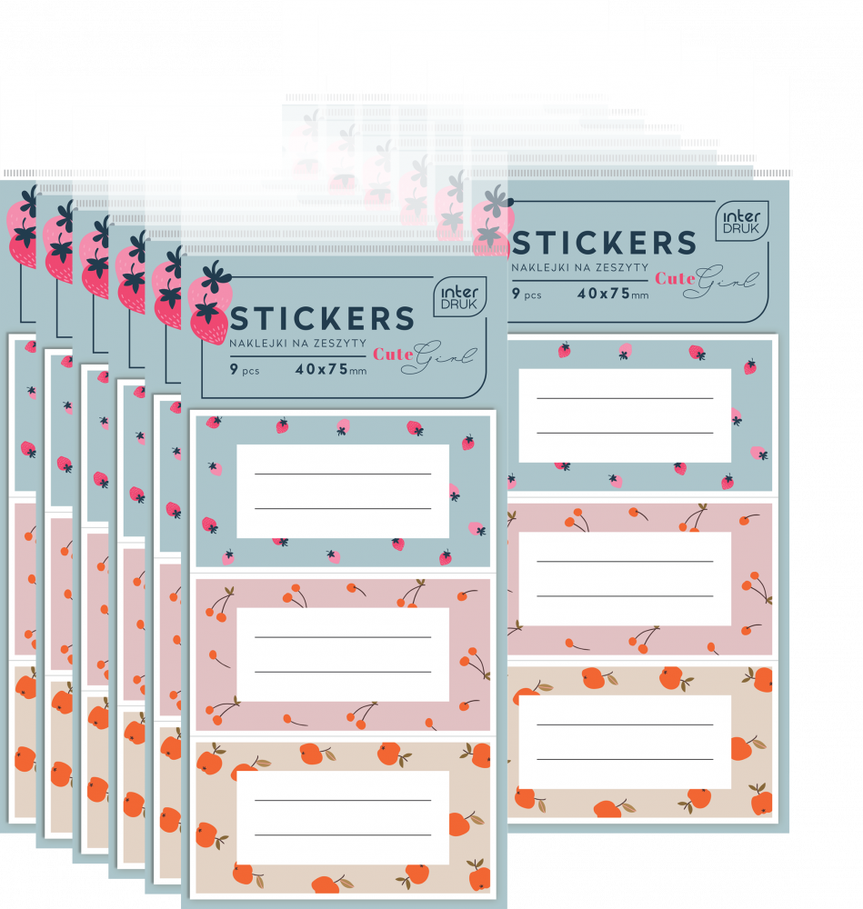 12x Naklejki na zeszyty Interdruk Cute Girl, 40x75mm, 9 sztuk, mix wzorów