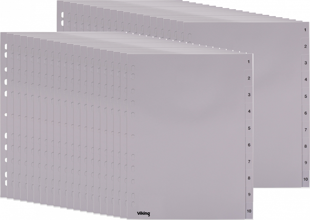 40x Przekładki do segregatora Viking, plastikowe, numeryczne, A4, 1-10 kart, szary