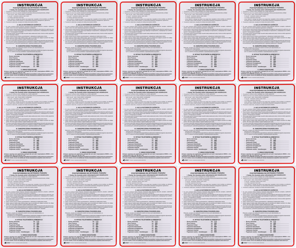 15x Tabliczka informacyjna Anro, "Instrukcja postępowania na wypadek pożaru"