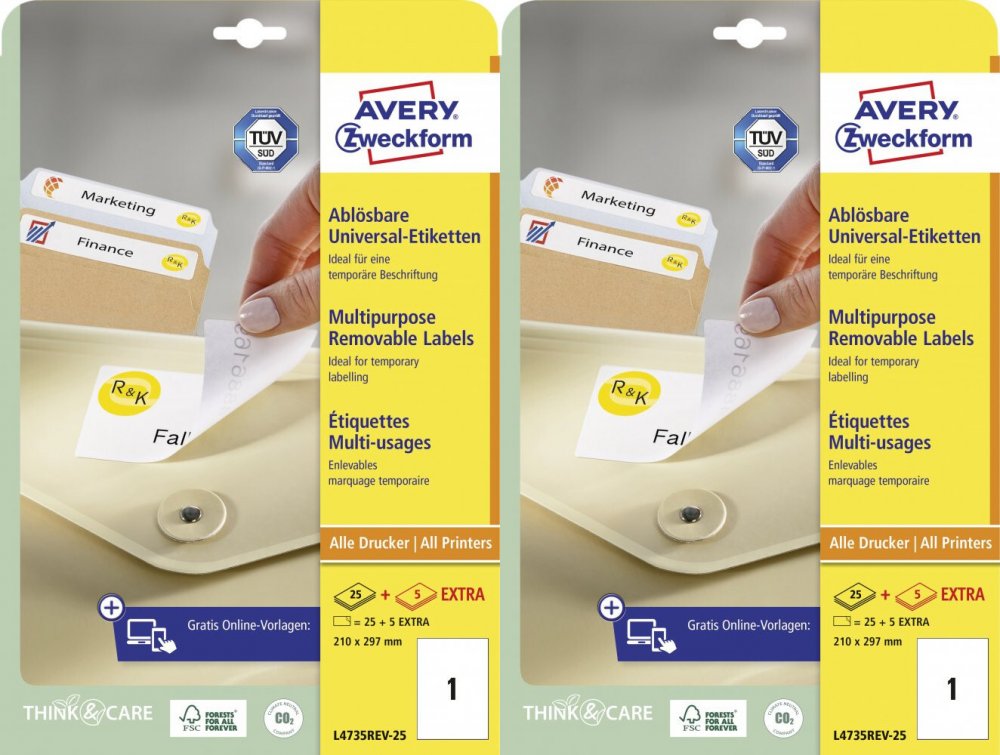 2x Etykiety samoprzylepne usuwalne Avery Zweckform, 210x297mm, 25 arkuszy + 5 gratis, biały