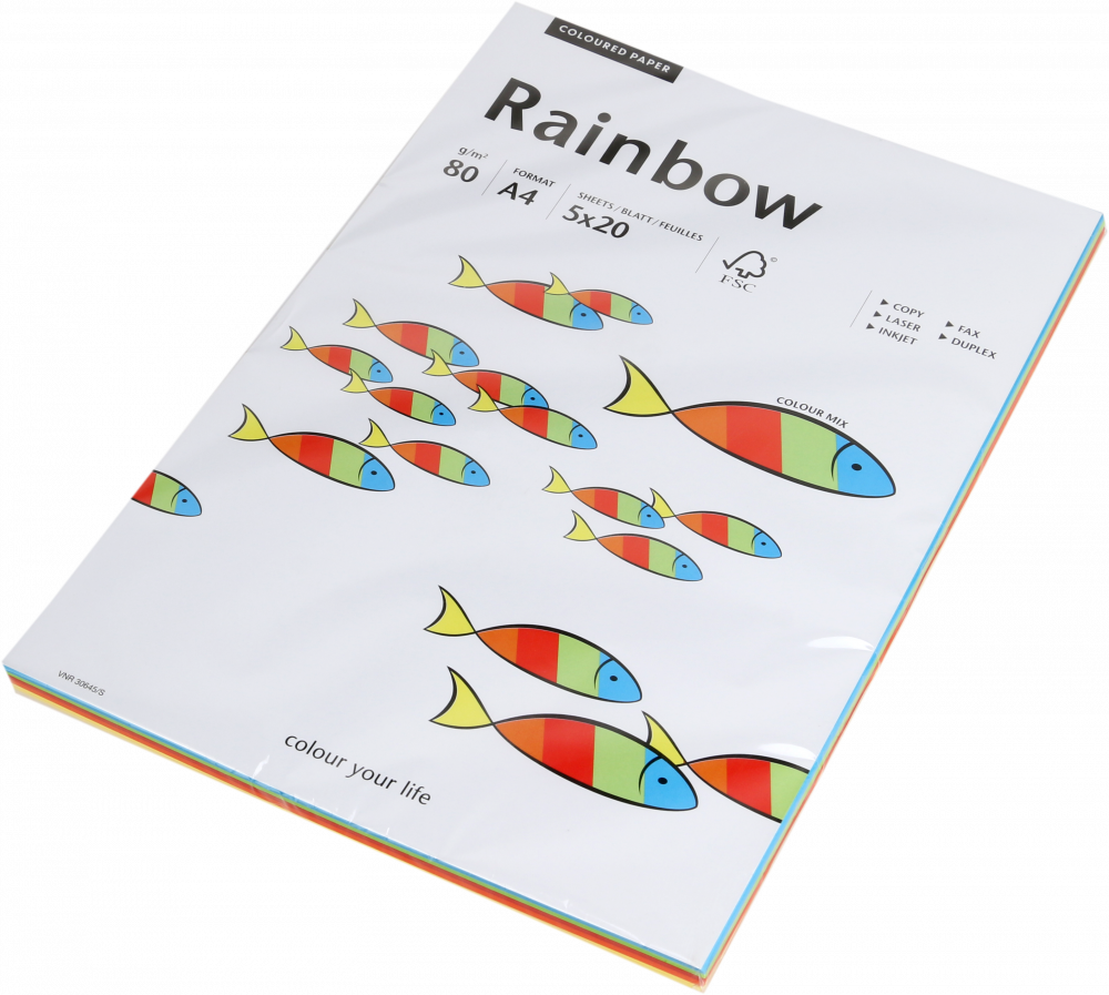 Papier kolorowy Rainbow, A4, 80g/m2, 100 arkuszy, mix kolorów intensywnych