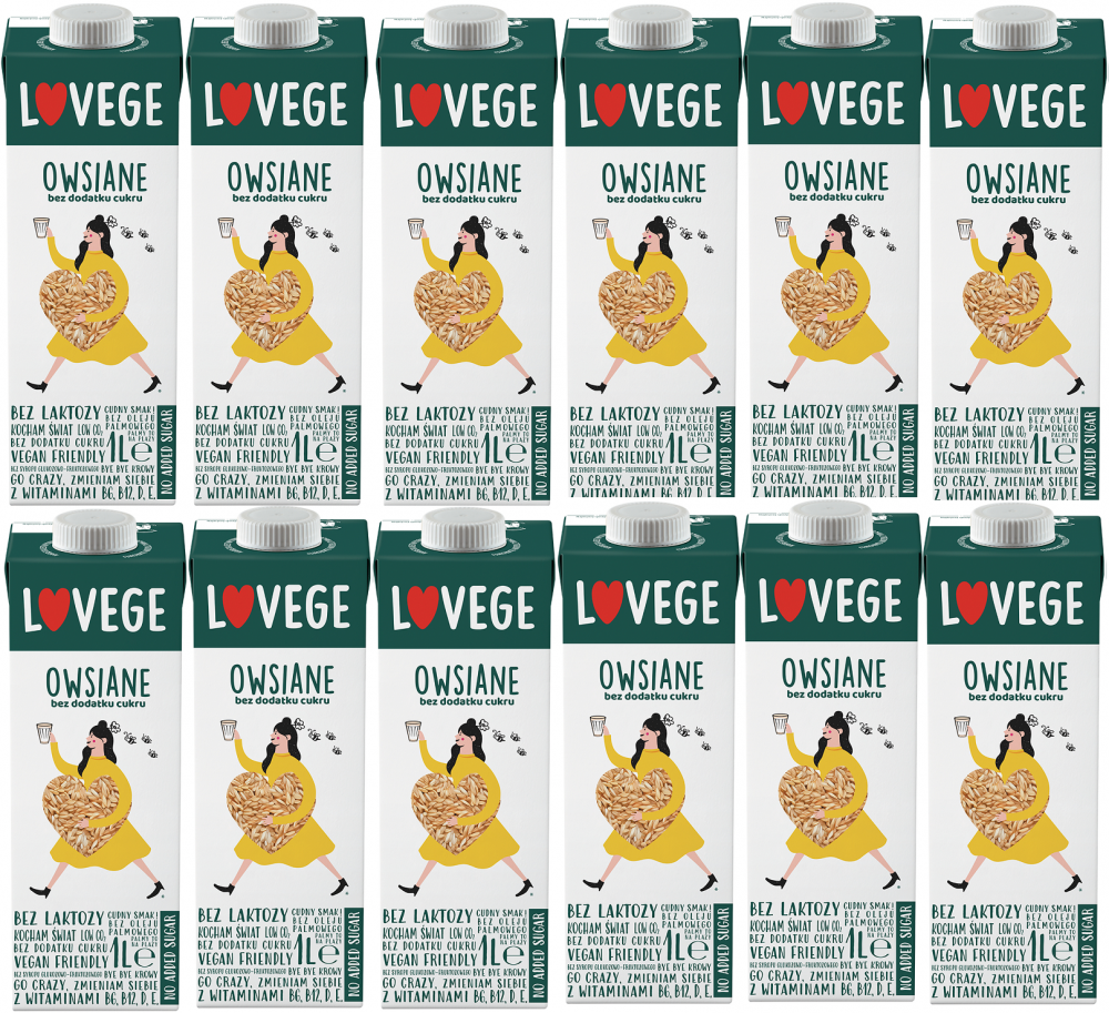 12x Napój owsiany Lovege, bez cukru, 1l