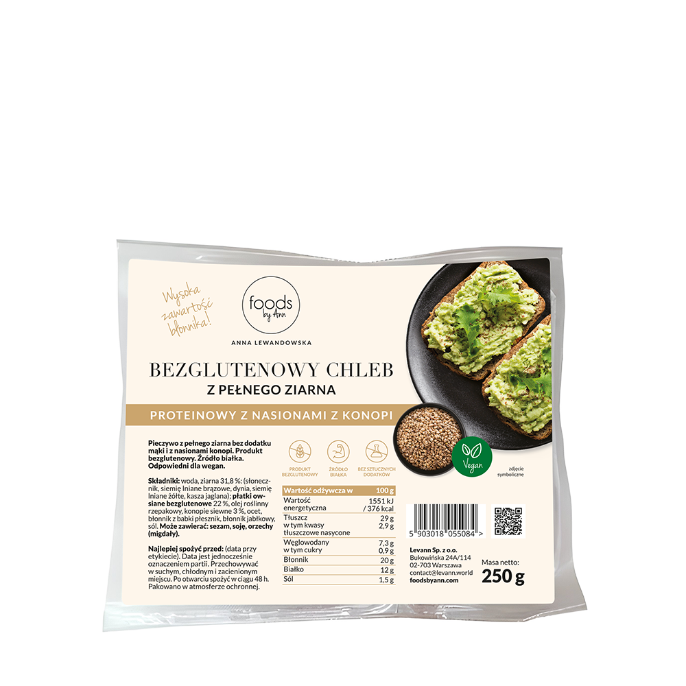 Bezglutenowy chleb z pełnego ziarna z nasionami konopi, 250 g