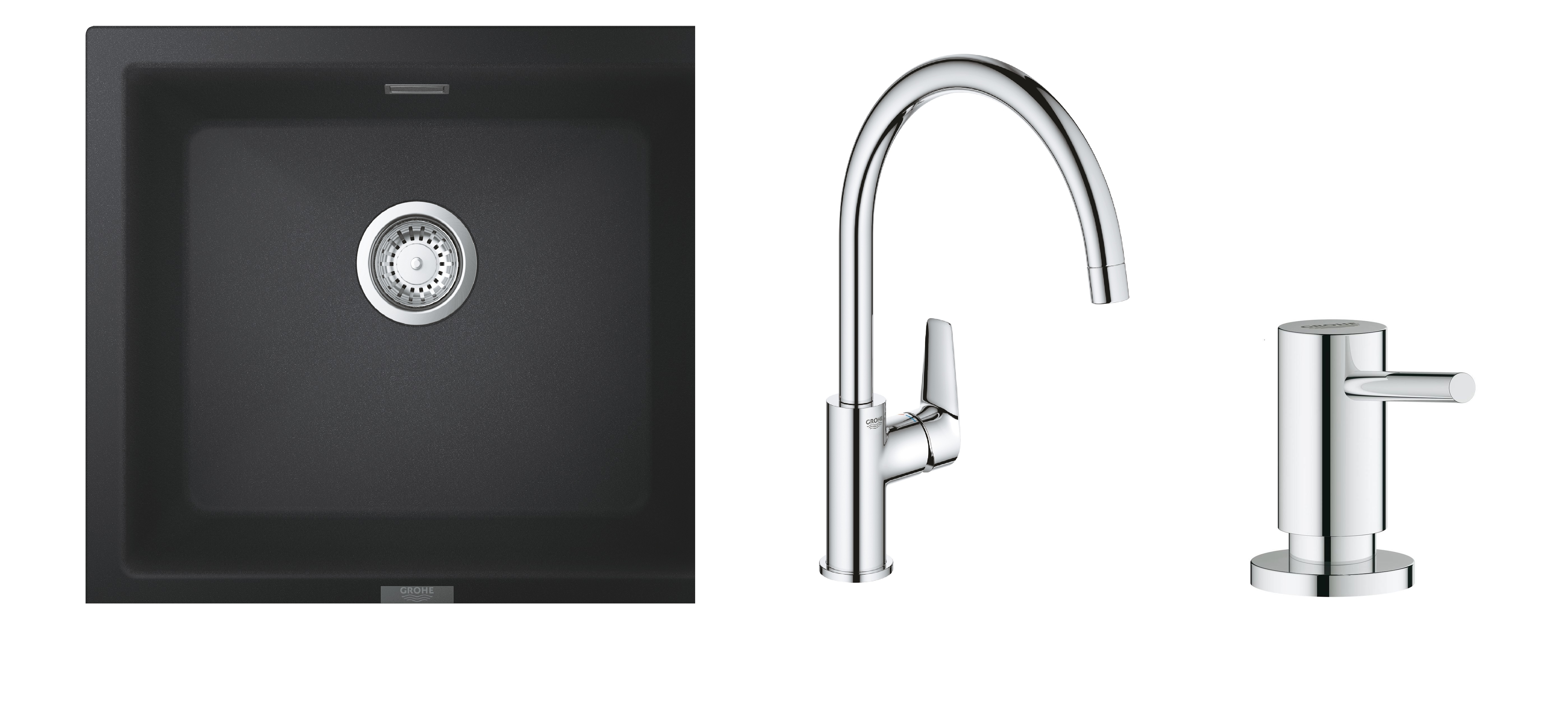 Grohe K700U zlewozmywak granitowy 53,3x45,7 cm z baterią kuchenną Grohe BauEdge i dozownikiem Cosmopolitan czarnychrom (31654AP0, ...