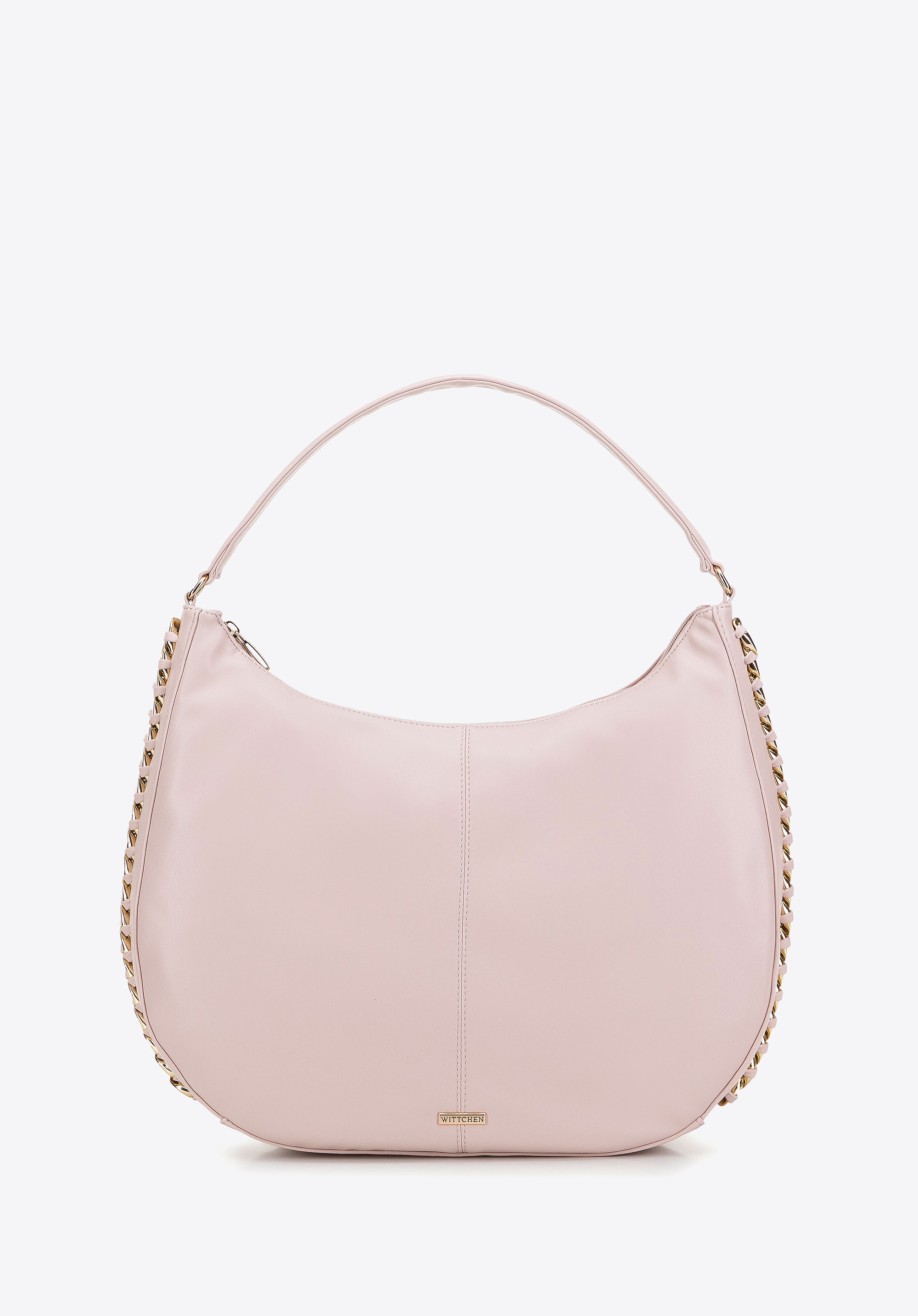 Torebka worek z ekoskóry obszyta łańcuszkiem różowa