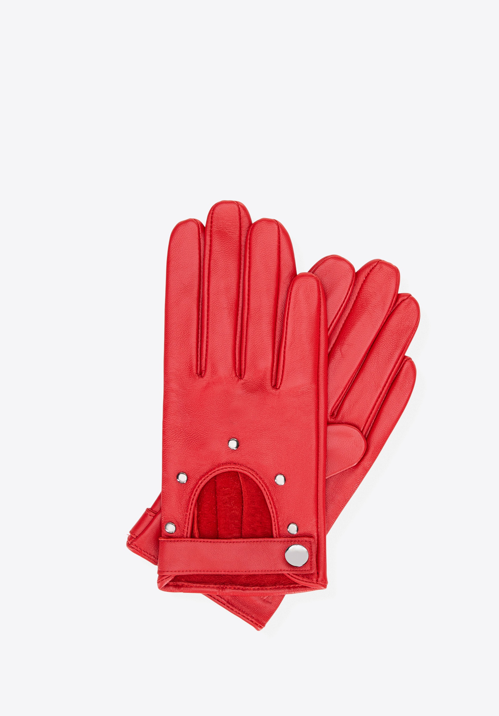 Damskie rękawiczki samochodowe skórzane z nitami czerwone