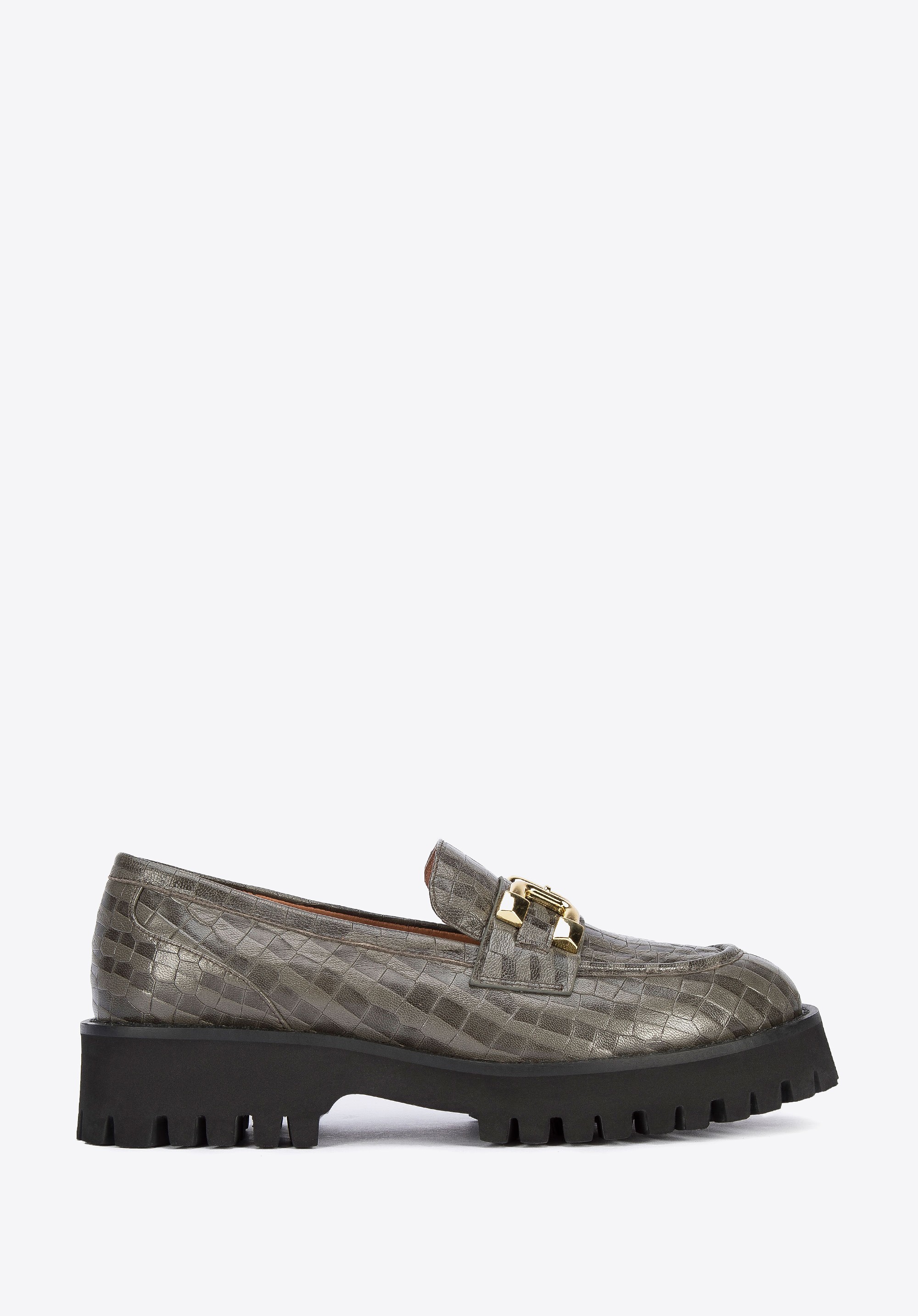 Damskie mokasyny ze skóry z klamerką zielone