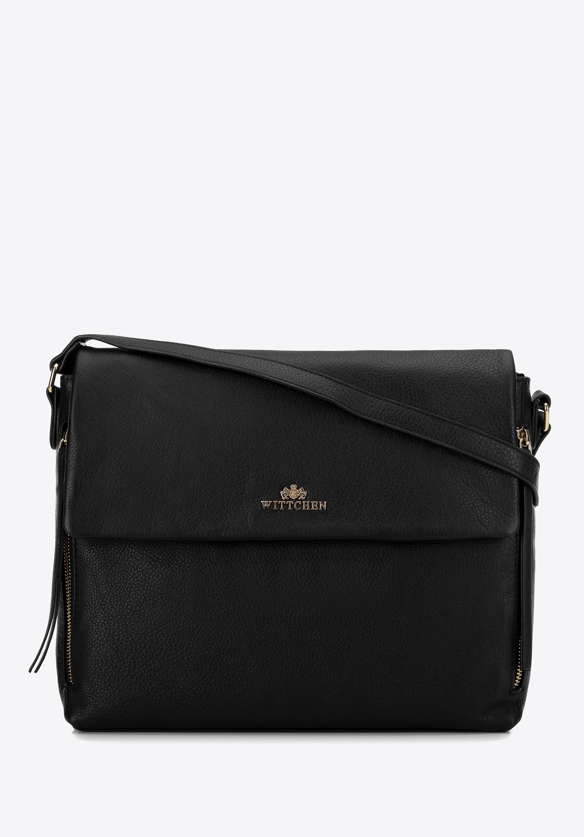 Skórzana torebką na ramię z ozdobnymi suwakami czarna