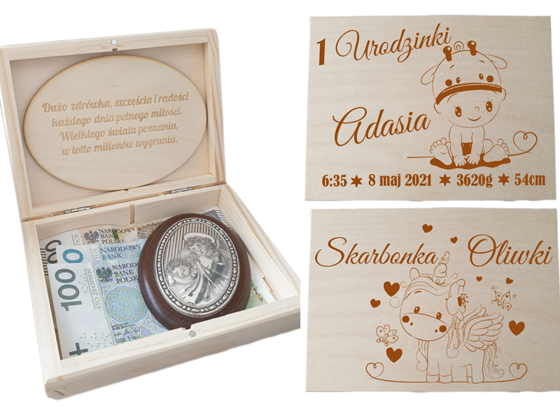 Pudełko na pieniądze, prezent urodzinowy, kartka na roczek, grawer, życzenia, data, imię.