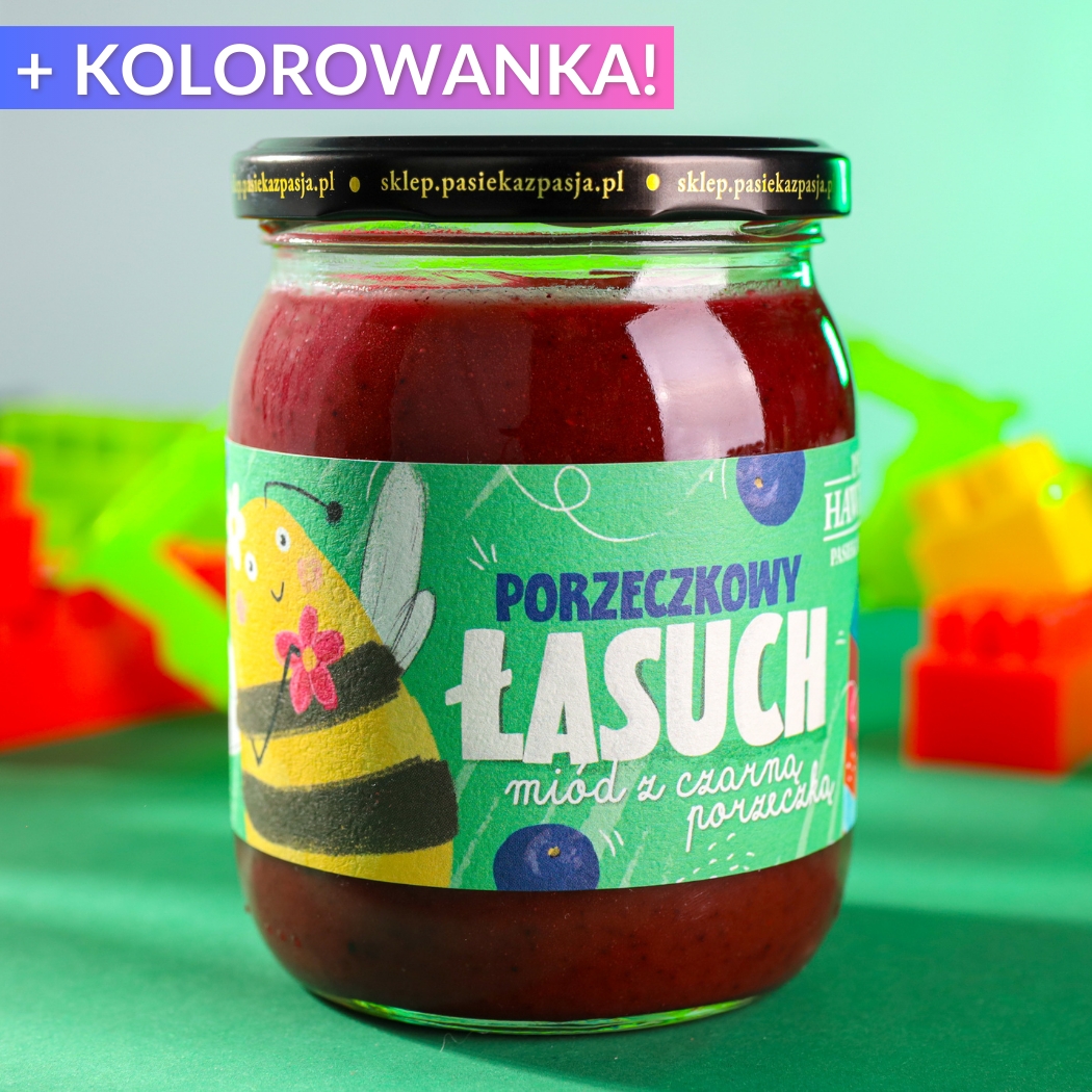 Porzeczkowy łasuch - miód dla dzieci z czarną porzeczką 630g - Pasieka z Pasją Hawran