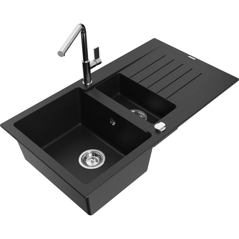 Zlewozmywak granitowy 1.5-komorowy Mexen Matias z ociekaczem i baterią kuchenną Flora czarny - 6502-77-670401-57-B 1 szt.