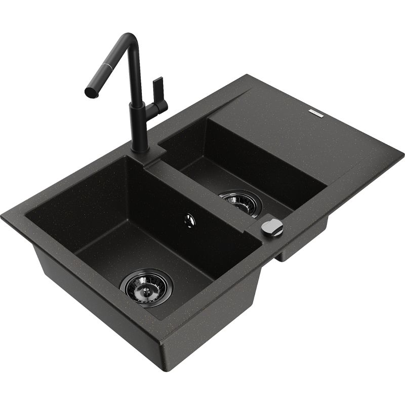 Zlewozmywak granitowy 1.5-komorowy Mexen Gaspar z ociekaczem i baterią Flora czarny/złoty metalik - 6507-75-670401-07 1 szt.