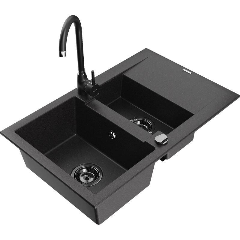 Zlewozmywak granitowy 1.5-komorowy Mexen Gaspar z ociekaczem i baterią kuchenną Telma czarny 6507-77-670200-70-B