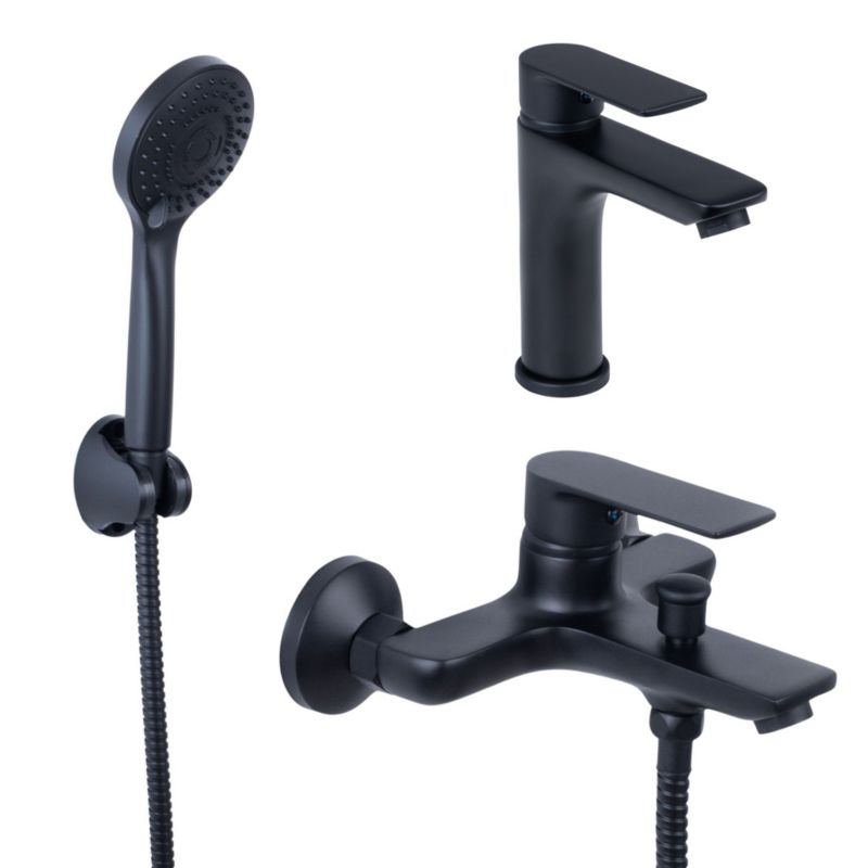 Czarny zestaw łazienkowy Yoka Home bateria umywalkowa i wannowa z słuchawką - 1 szt.