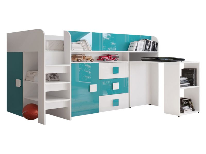 Łóżko piętrowe z biurkiem MIRJAN 24 Toledo 1 biały połysk + turkusowy połysk 1 kpl.