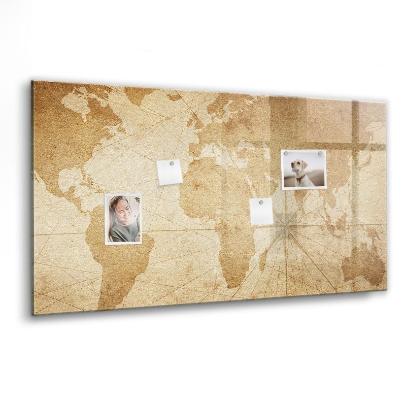 Szklana tablica magnetyczna Wallfluent 120x60 cm Mapa świata vintage Czarny marker 1 szt.