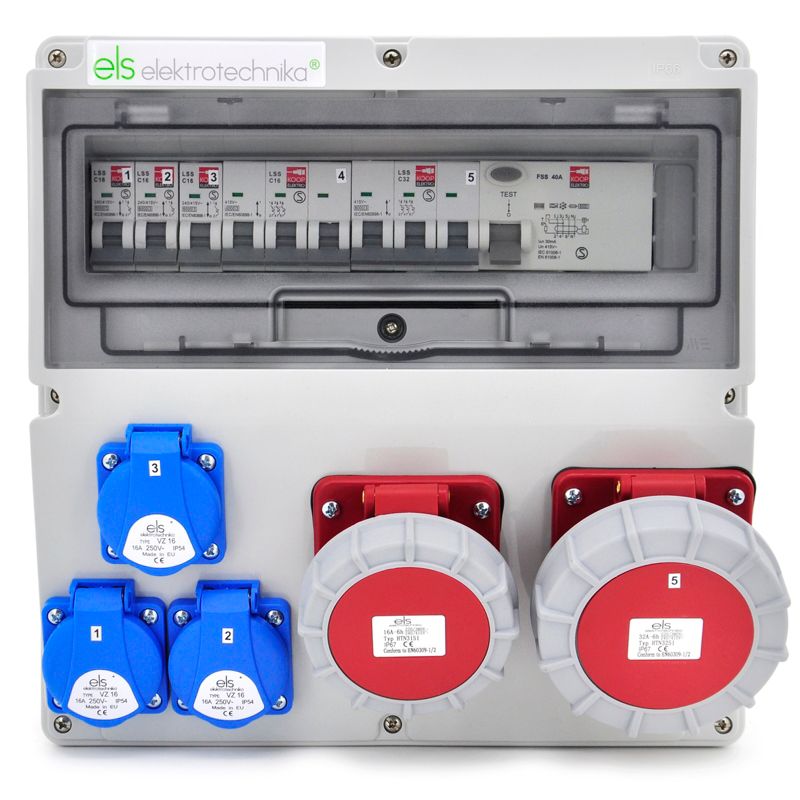 Rozdzielnica siłowa ELS Elektrotechnika 14NO33C11C11CFS67 3x230V 2x400V 32A/5 16A/5 z zabezpieczeniem nadprądowym i RCD, 1 szt.