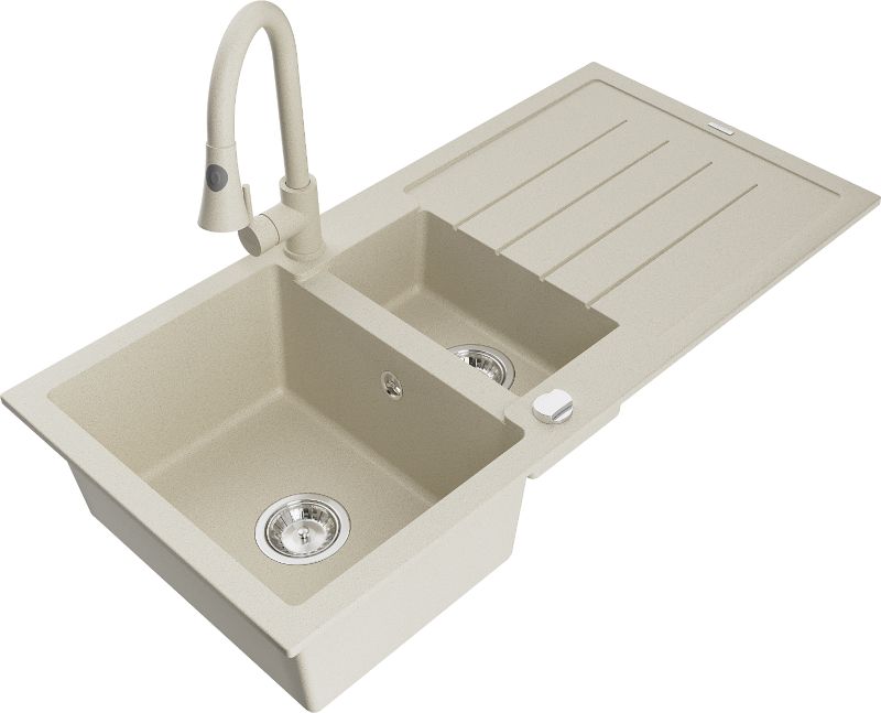 Zlewozmywak granitowy Mexen Andres 1,5-komorowy z ociekaczem i baterią kuchenną Elia beżowy 6515-69-670101-69