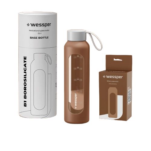 Butelka na wodę, Wessper B1, motywacyjna, z miarką, z etui, szkło borokrzemowe, bidon, 500ml, mokka, 1szt
