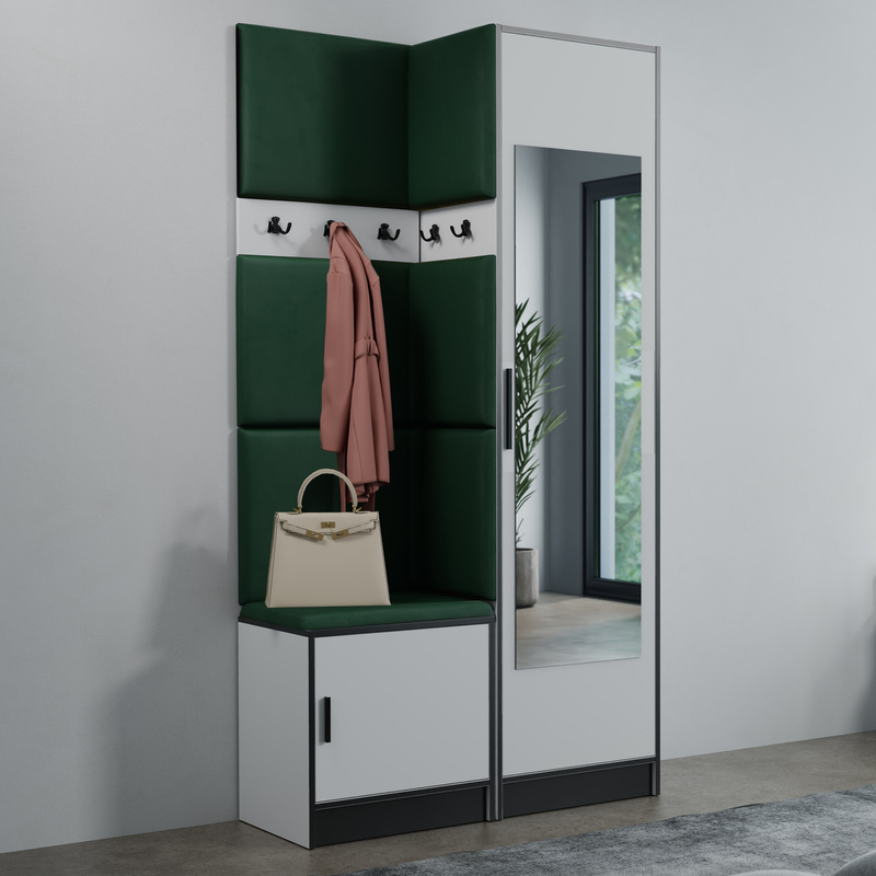 Biała garderoba do przedpokoju z lustrem i panelami tapicerowanymi RIVIO