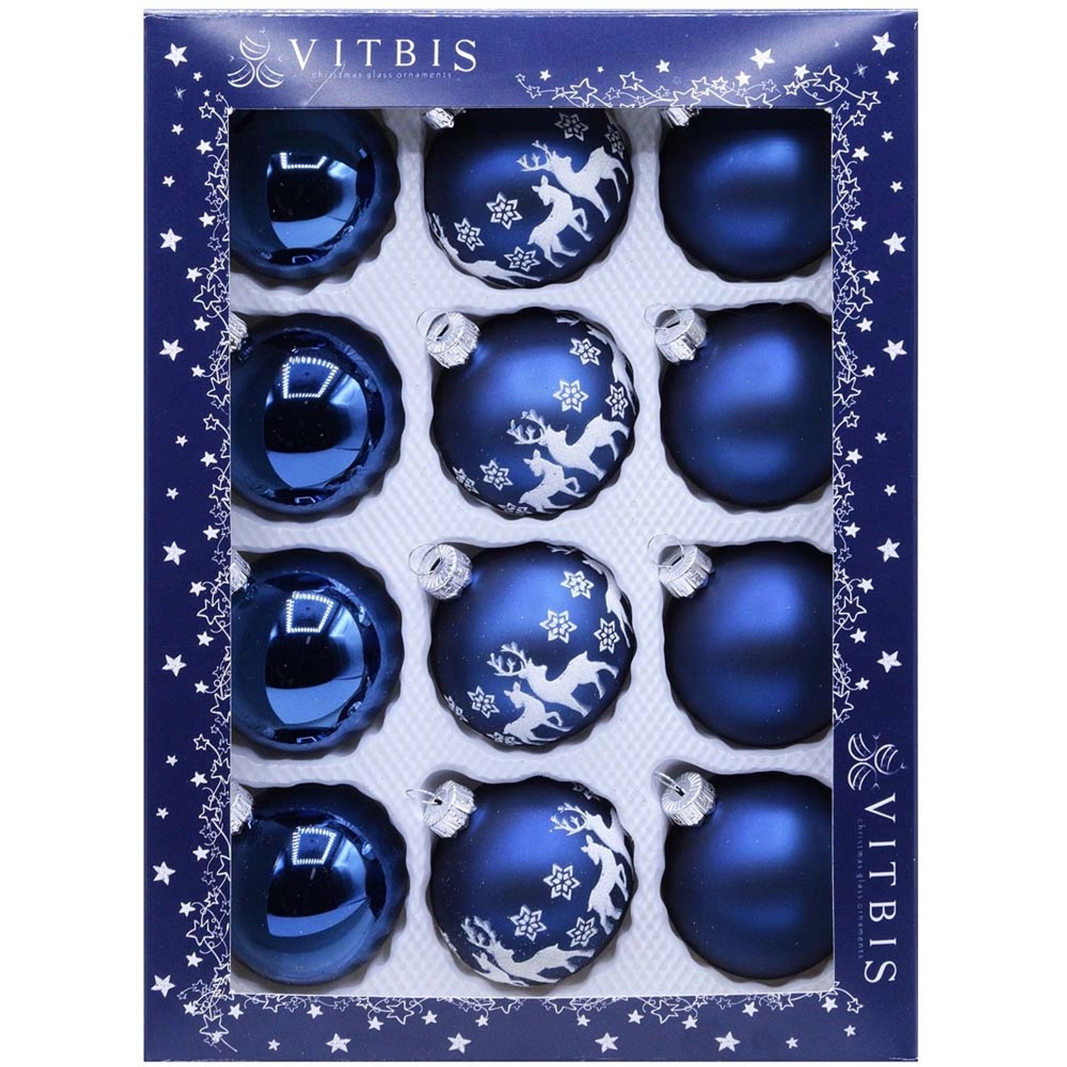 Bombki gładkie i dekorowane w pudełku granatowe śr. 6 cm - 12 szt.