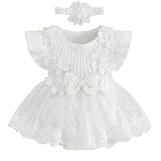 Sukienko-body białe kwiatuszki tiul + opaska NS