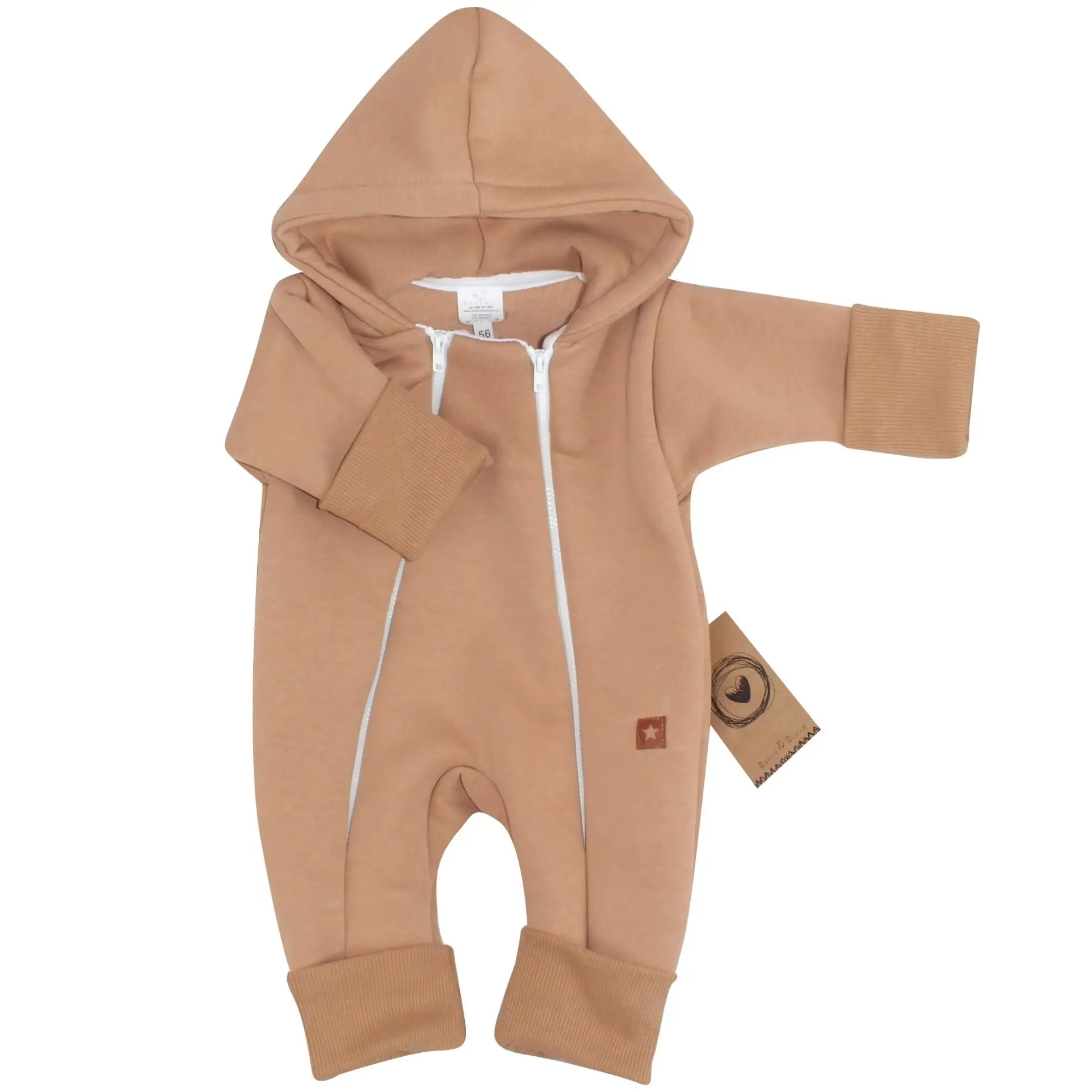 KOMBINEZON PAJACYK Z KAPTUREM Z OCIEPLANEJ DRESÓWKI BEŻOWY ZZ - 80