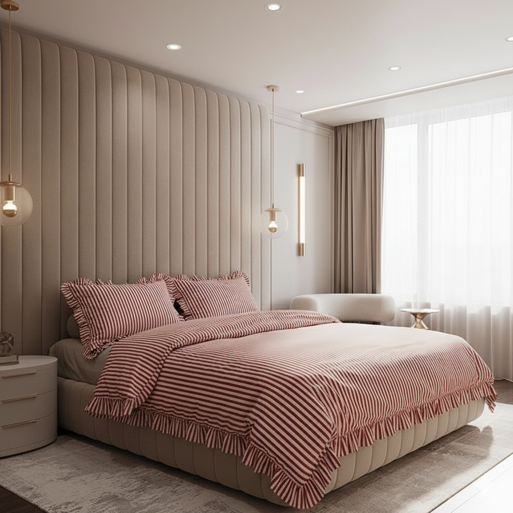 Komplet pościeli świątecznej bawełnianej czerwone paseczki i falbanka al - 160x200