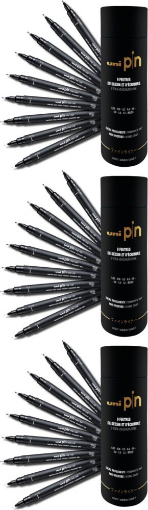 3x Cienkopis kreślarski Uni PIN-200, tuba, 9 sztuk, czarny