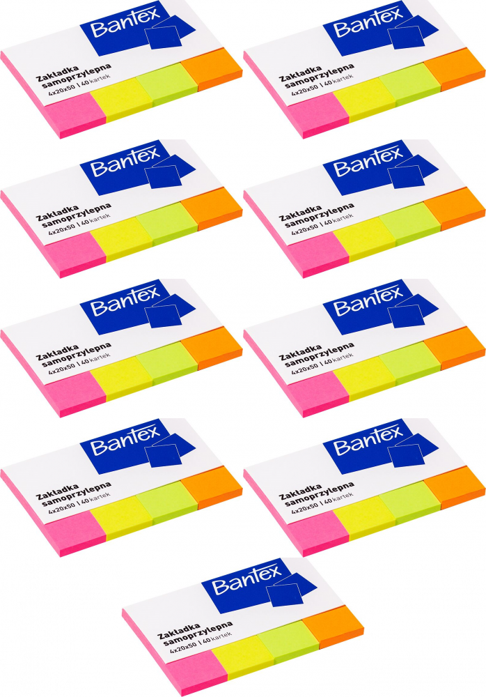 9x Zakładki samoprzylepne Bantex, proste, indeksujące, papier, 20x50mm, 4x40 sztuk, mix kolorów