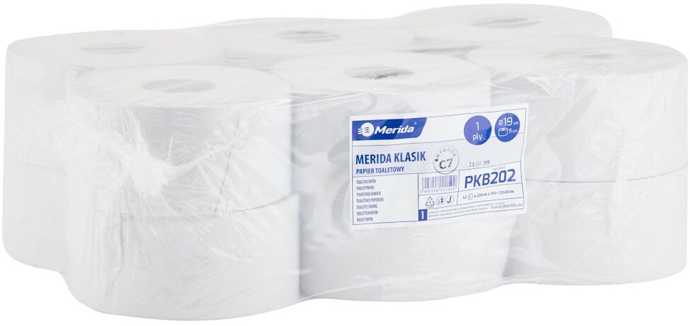 12x papier toaletowy Merida Klasik, 1-warstwowy, 1 rolka, 9cmx220m, biały
