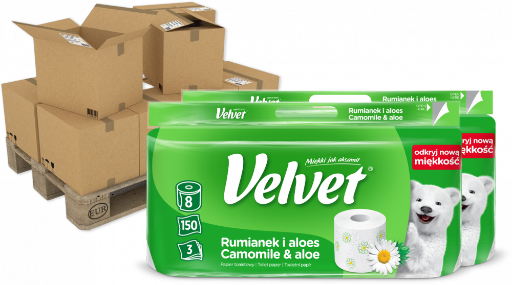 140x Papier toaletowy Velvet Rumianek i Aloes, 3-warstwowy, 8 rolek, biały