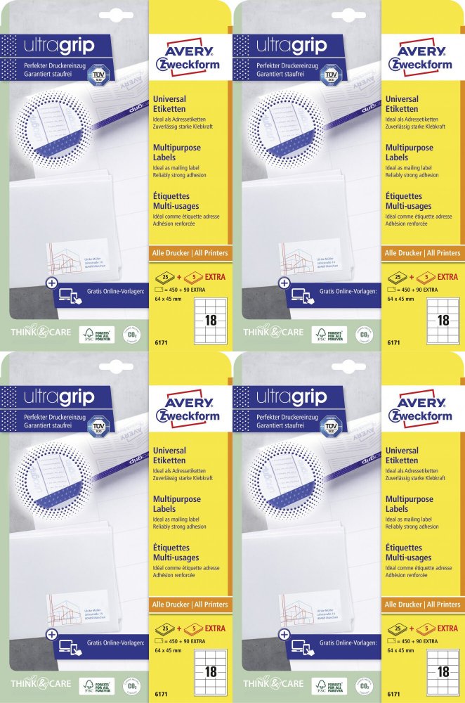 4x Etykiety samoprzylepne Avery Zweckform, 64x45mm, 25 arkuszy + 5 gratis, biały