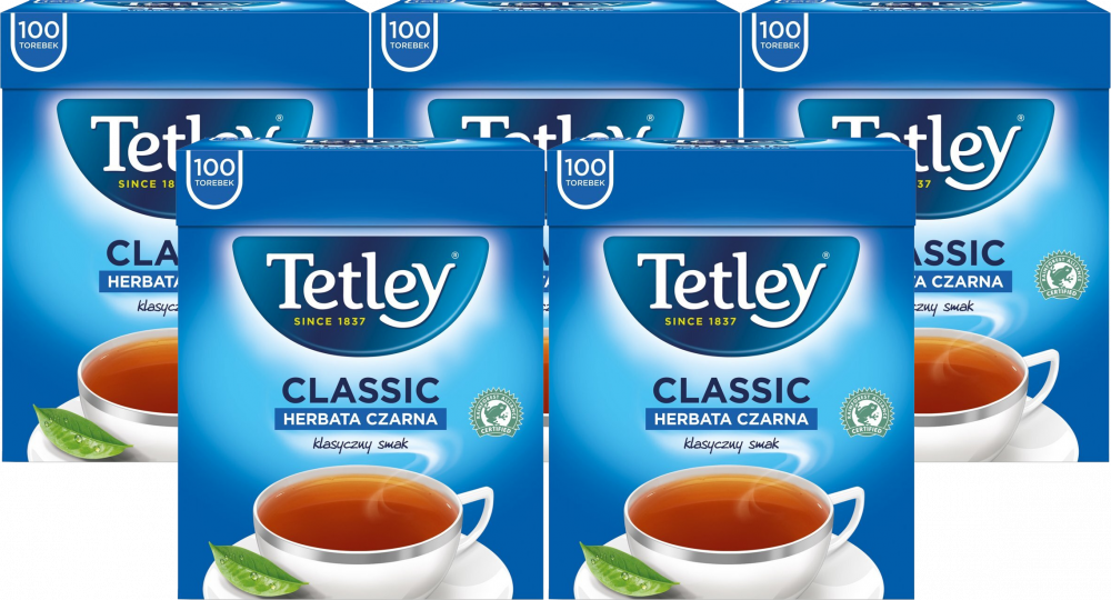 5x Herbata czarna w torebkach Tetley Classic, 100 sztuk x 1.5g