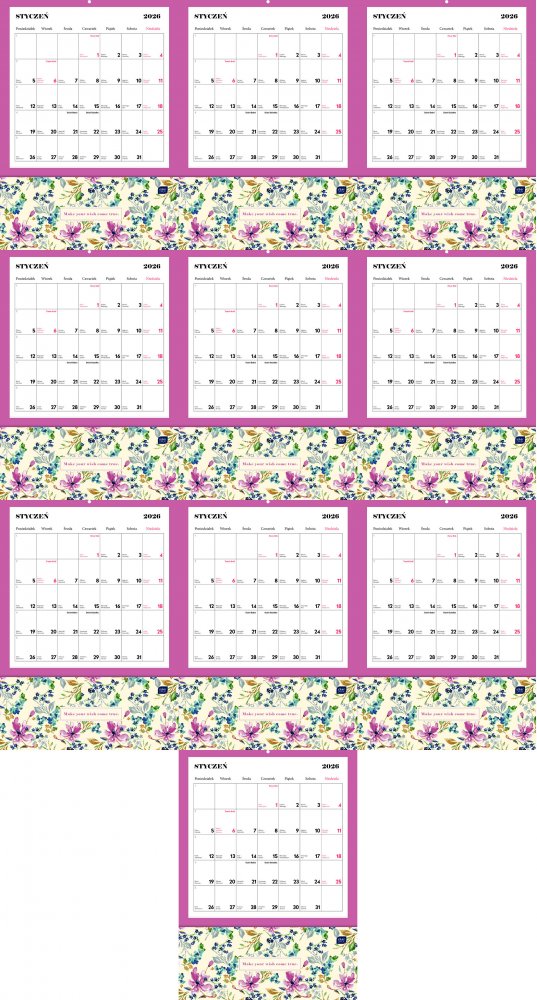 10x Kalendarz ścienny 2026, Interdruk, z kieszonką, 28x40cm, miesięczny, Blossom