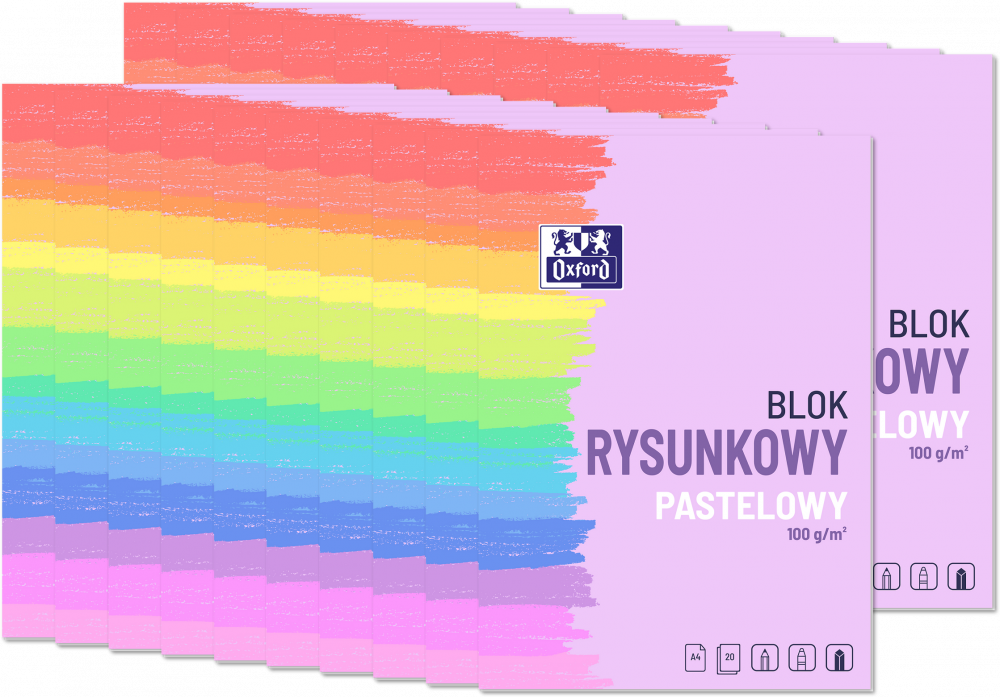 20x Blok rysunkowy pastelowy Oxford, A4, 10 kartek, kolorowy, 100g/m2