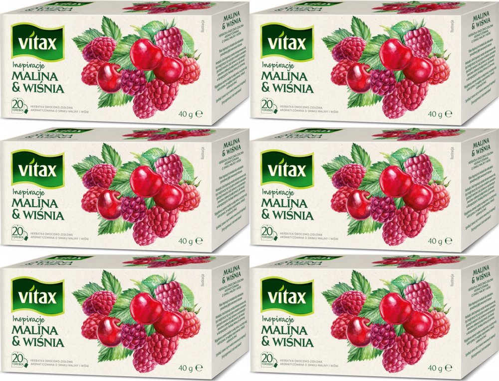6x Herbata owocowa w torebkach Vitax Inspirations, malina i wiśnia, 20 sztuk x 2g