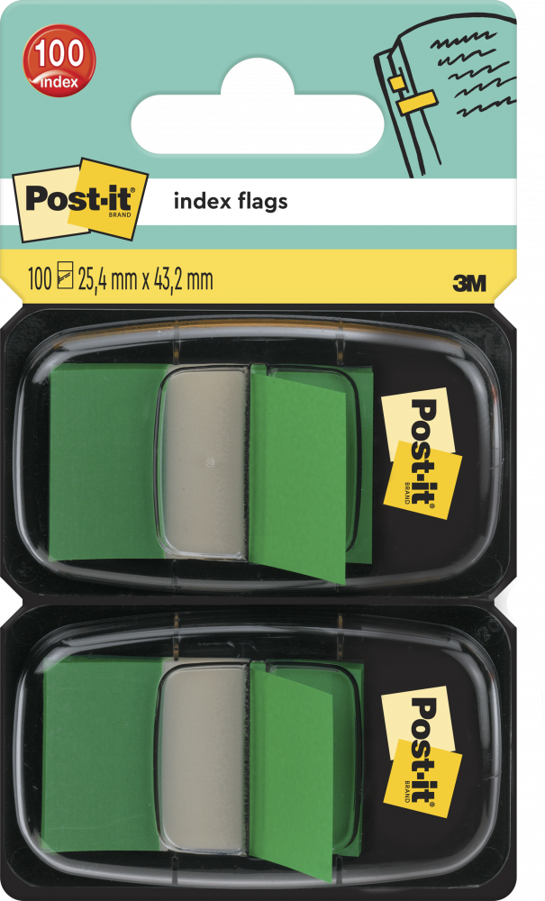 Zakładki samoprzylepne Post-it proste, indeksujące, folia, półtransparentne, 25x43mm, 2x50 sztuk, zielony