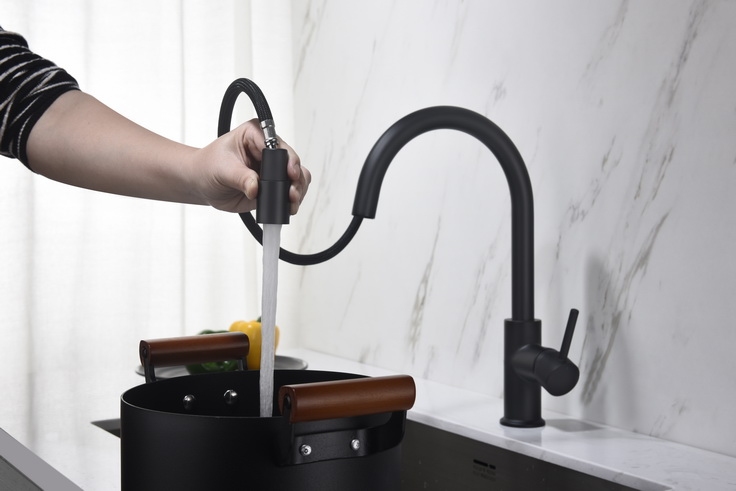 Blue Water Plaza bateria kuchenna stojąca z wyciąganą wylewką czarny mat