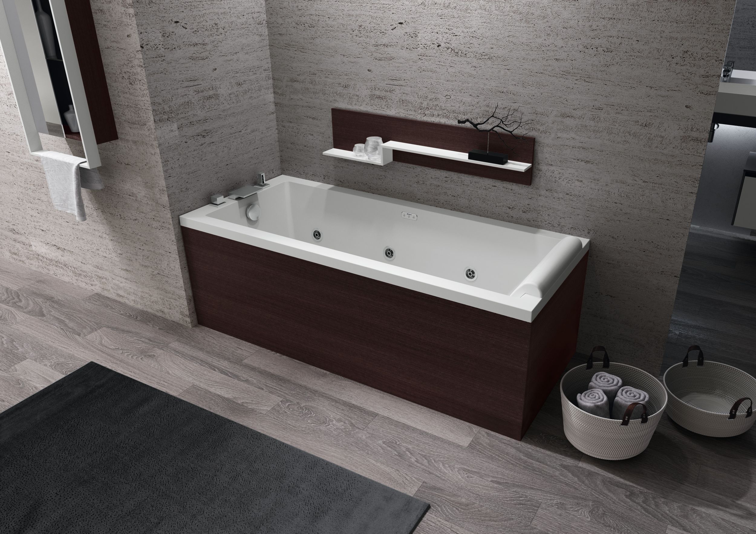 Novellini Calos 2.0 wanna prostokątna 150x70 cm z hydromasażem wodno-powietrznym Hydro Plus z obudową przednią i boczną Wenge/biała ...