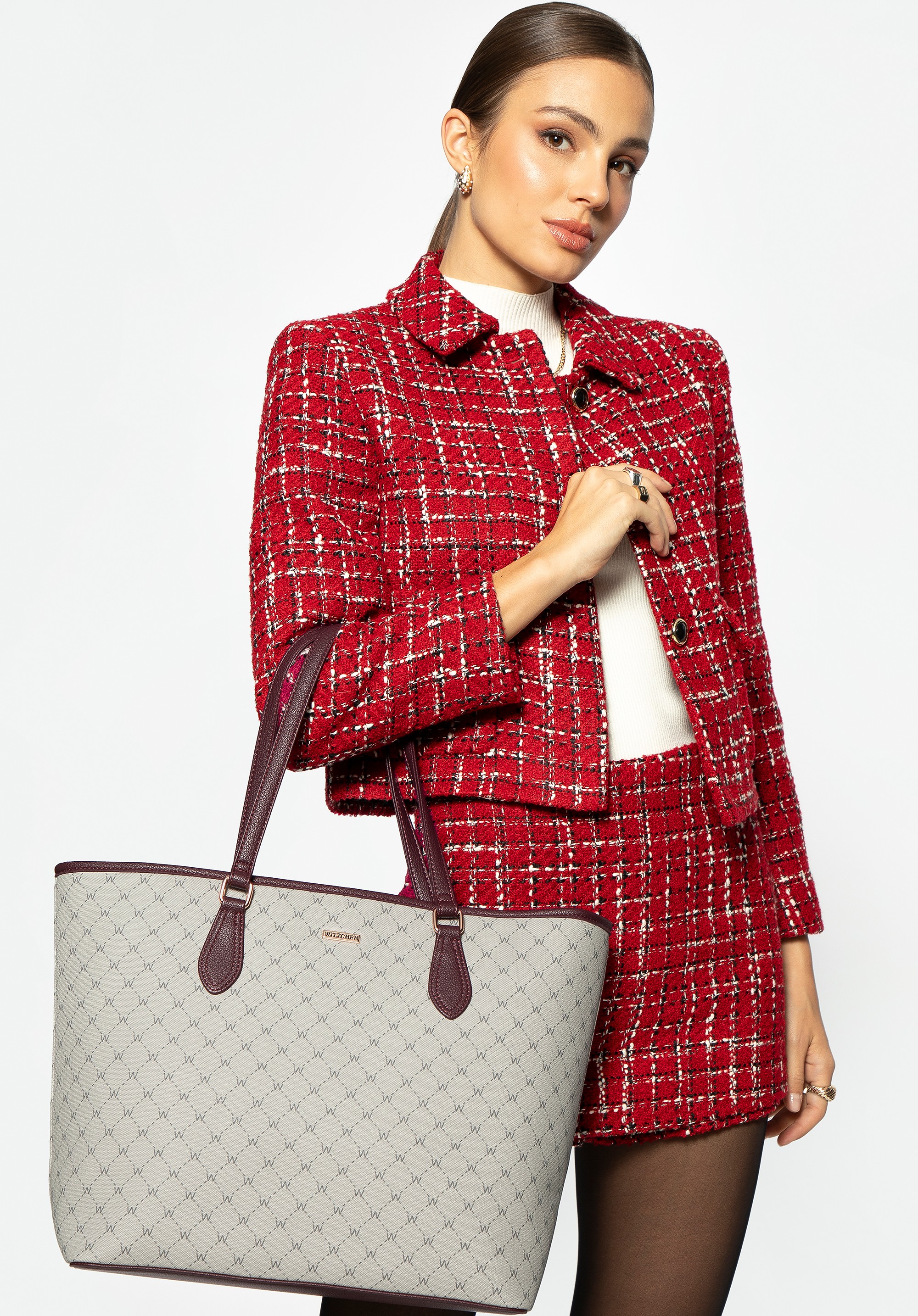 Damska shopperka w monogram szaro-bordowa
