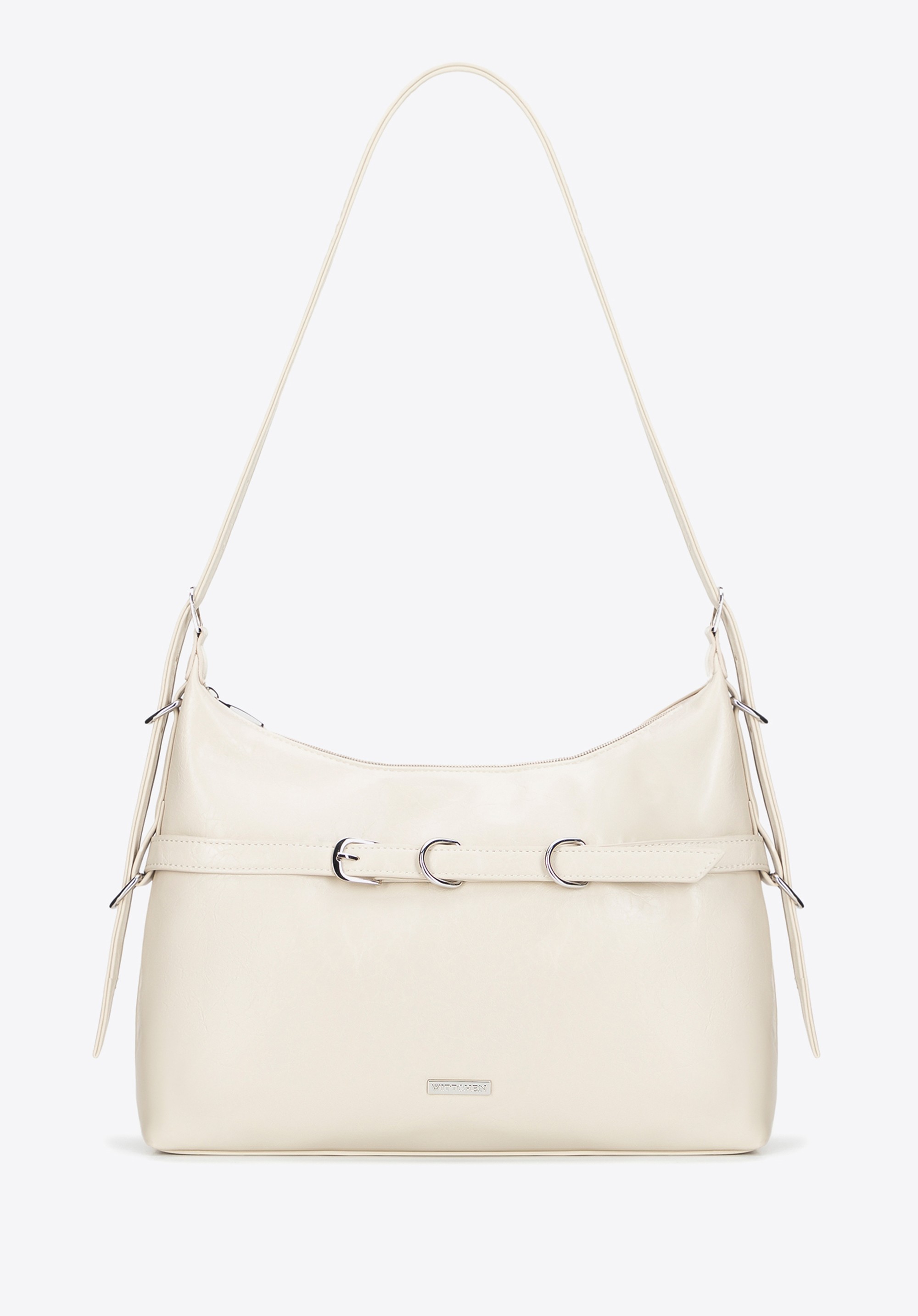 Damska listonoszka z imitacji skóry z ozdobnym paskiem kremowa