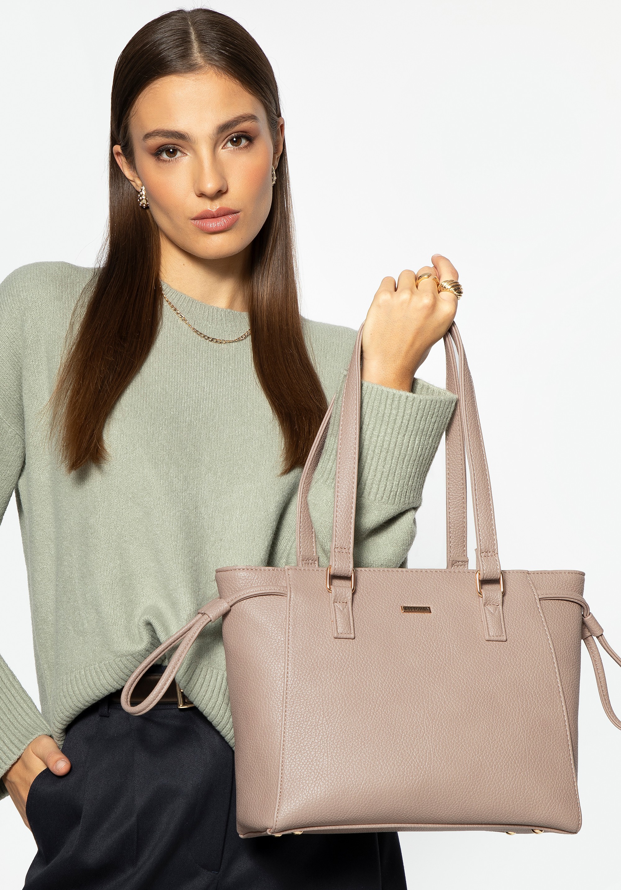 Shopperka z ozdobnymi ściągaczami beżowa