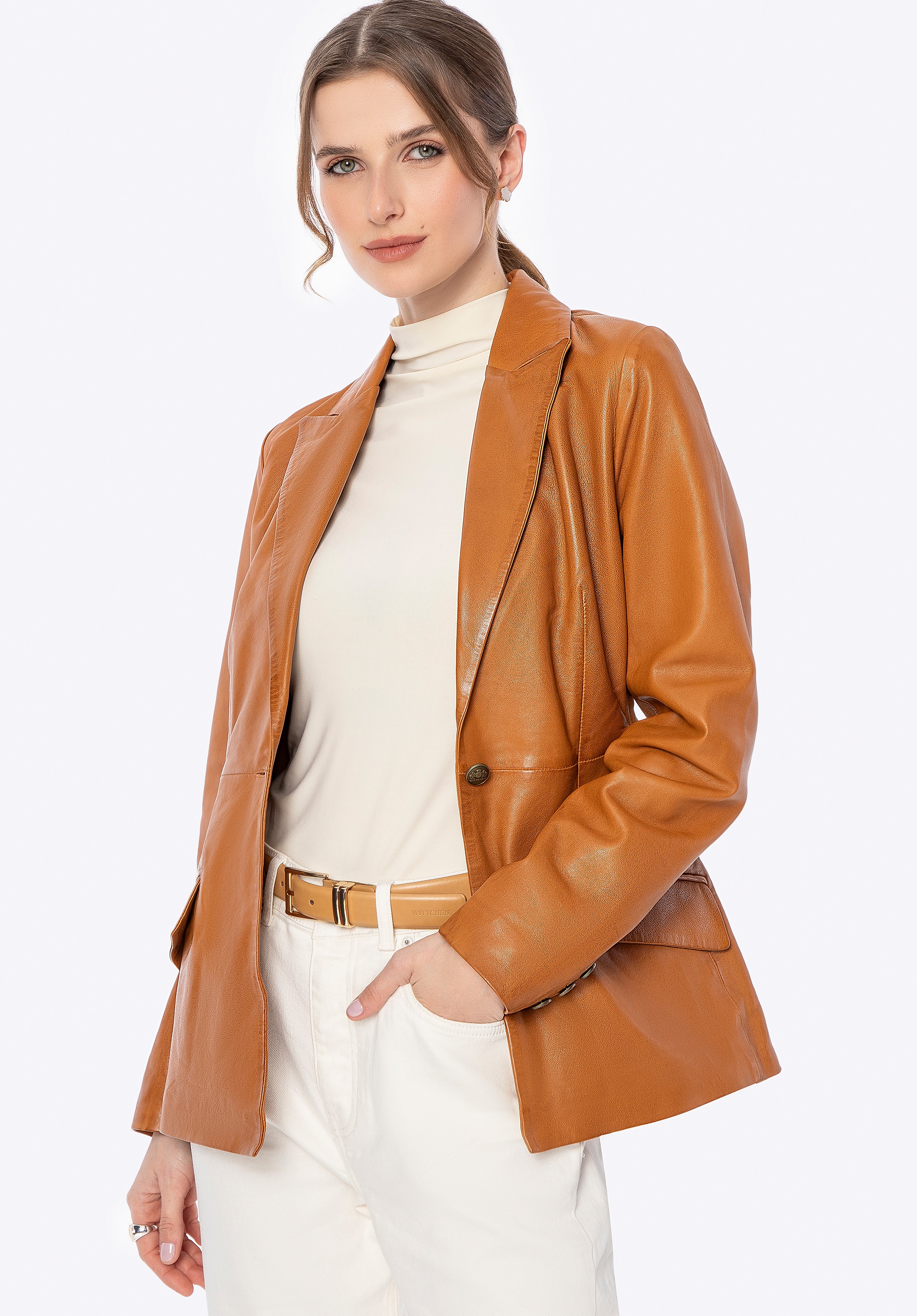 Damska kurtka marynarkowa ze skóry owczej karmelowa